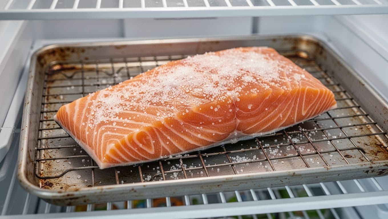 Fresh skin-on salmon fillet coated in a light dry brine of salt and sugar rests on a wire rack over a sheet pan on a fridge shelf, with the surface developing a tacky matte finish.
