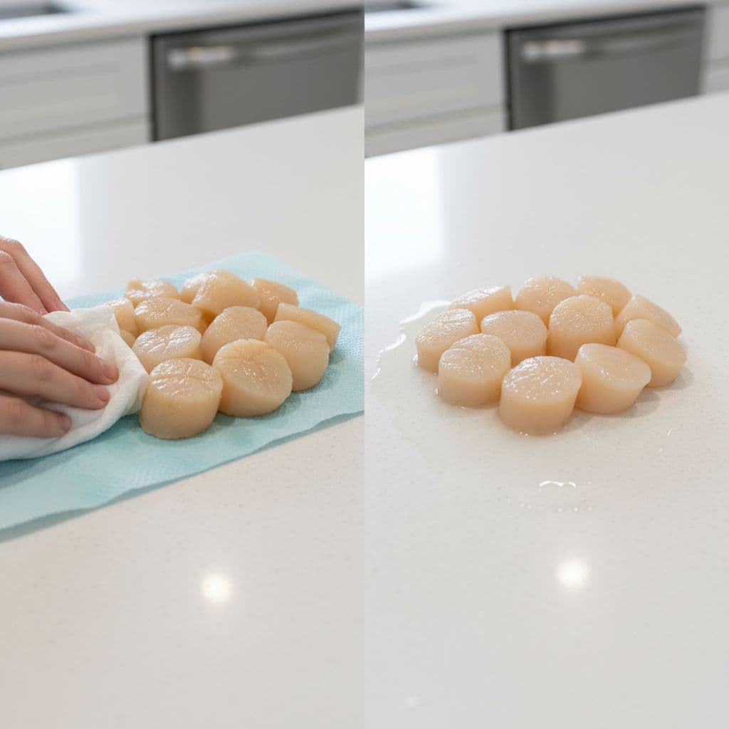 Split-screen on white counter shows beige dry scallops patted with towel left, glossy white wet scallops in puddle right.