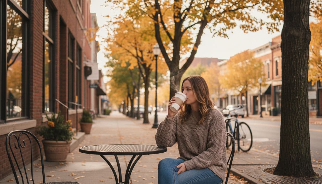 Street scene in Elmira New York near a coffee shop featuring one person sitting outside at a small table, sipping coffee from a to-go cup with hands loosely around it. Autumn trees, downtown buildings in the background, relaxed morning vibe under soft sunlight, realistic photo.