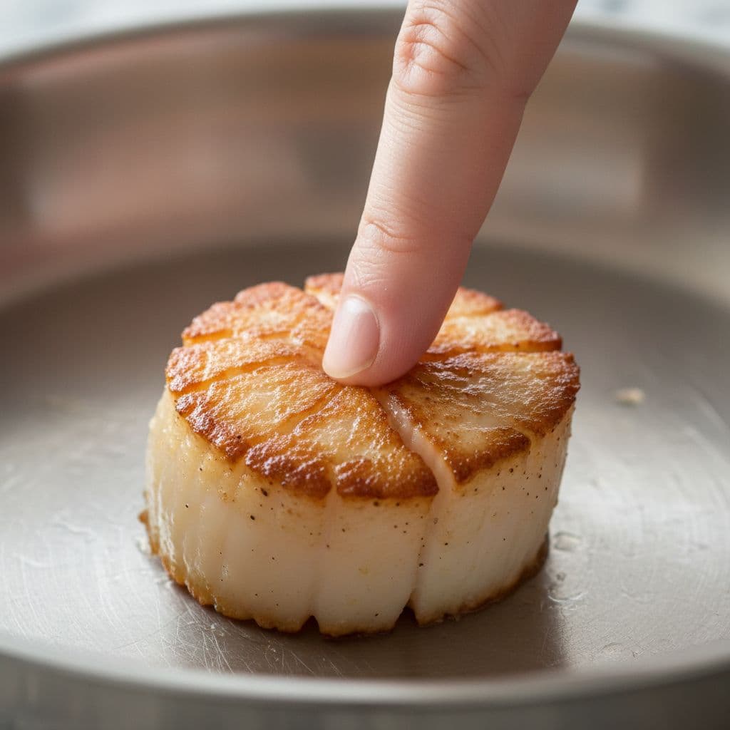 Fingertip gently presses golden-brown seared scallop in stainless steel pan.