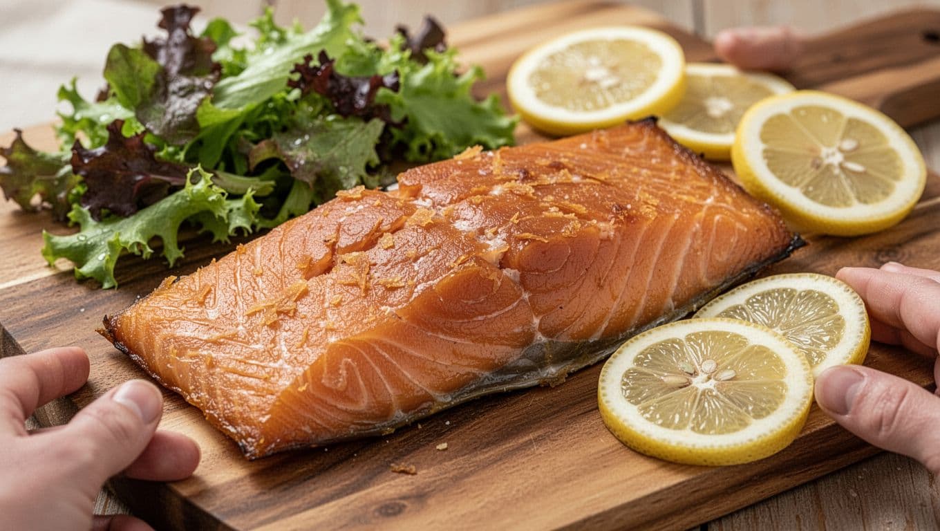 Close-up of a flaky hot-smoked salmon fillet on a wooden board next to fresh salad greens and lemon slices, captured in natural daylight with realistic food photography style and high detail.