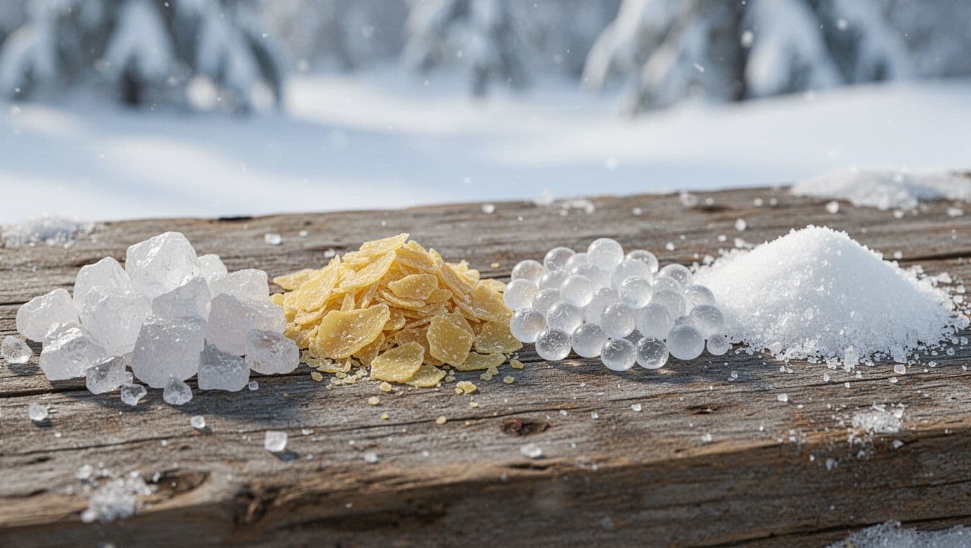 Landscape close-up of four distinct ice melt salts in separate piles on rough wood: coarse rock salt, calcium chloride flakes, magnesium chloride pellets, and potassium chloride granules, with blurred snowy background.