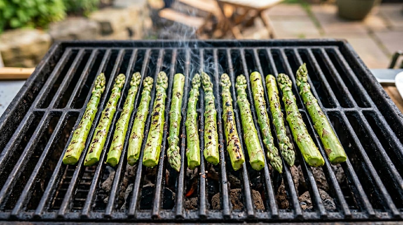 Close-up overhead view of exactly 12 fresh green asparagus spears on a hot metal grill grate with light char marks and faint smoke rising. Blurred outdoor barbecue background in natural summer daylight, highly detailed realistic photography.
