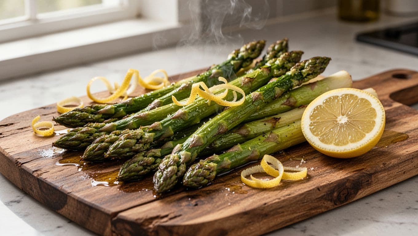 Freshly roasted asparagus spears arranged on a rustic wooden serving board, featuring lightly browned tips, glossy green stalks, scattered lemon zest curls, and a halved lemon. Soft natural light highlights textures and faint rising steam in high-detail realistic food photography.