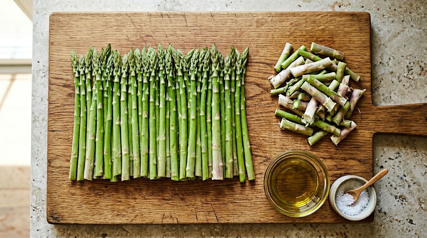 Fresh green asparagus spears aligned on a wooden cutting board with woody white bottom ends trimmed off and piled separately, alongside a small glass bowl of olive oil and salt shaker, captured in top-down view with bright natural kitchen lighting.