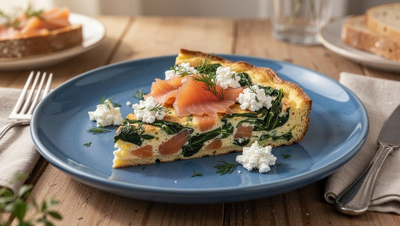 A centered slice of golden frittata topped with flaked hot-smoked salmon, wilted spinach greens, dollops of cottage cheese, and fresh herbs on a blue plate, set on a brunch table with soft morning light in realistic food style.