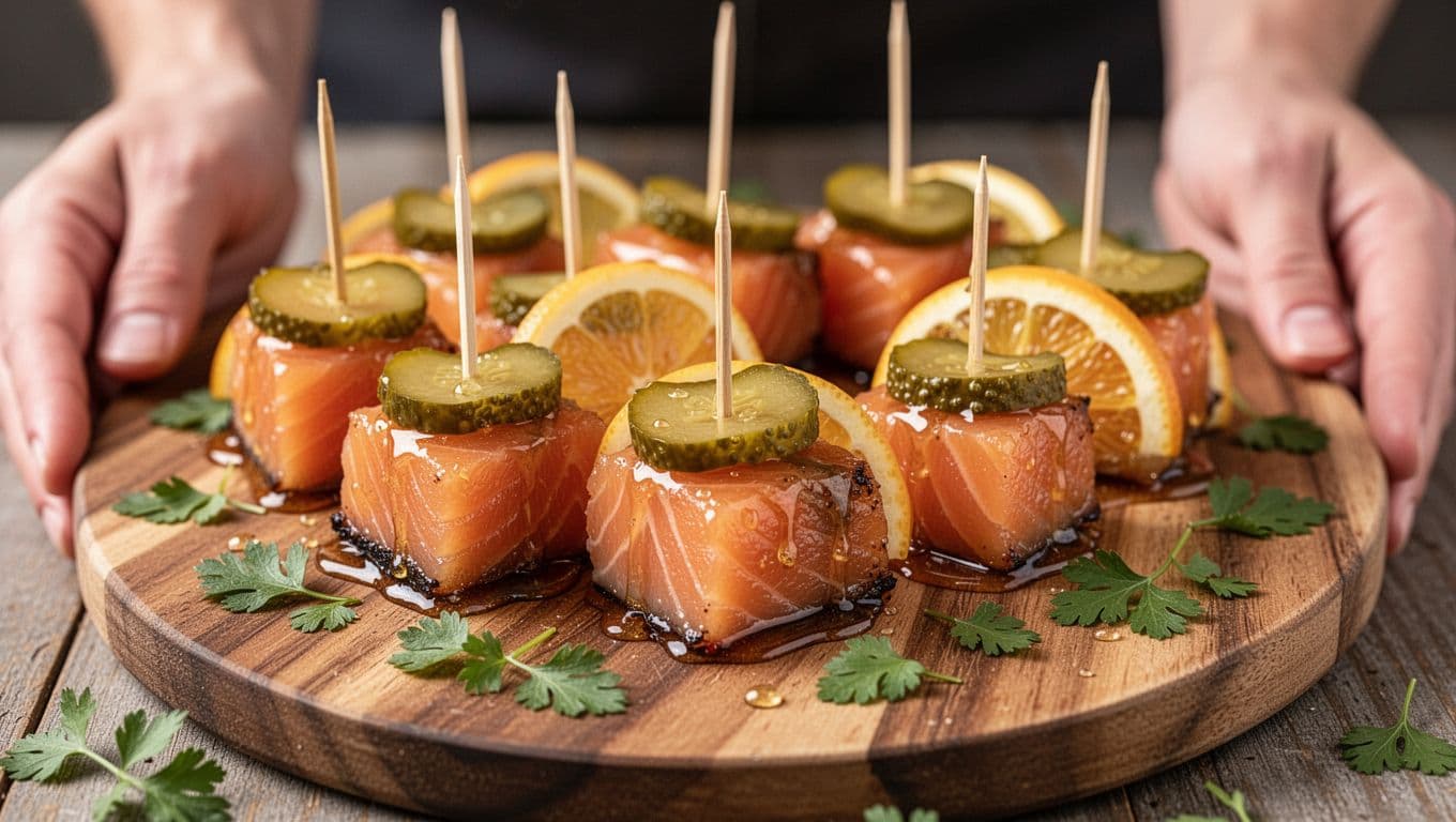 Close-up of golden honey or maple glazed smoked salmon bites skewered with pickles and citrus slices on a wooden platter, garnished with fresh green herbs, appetizing food photography with soft natural lighting.