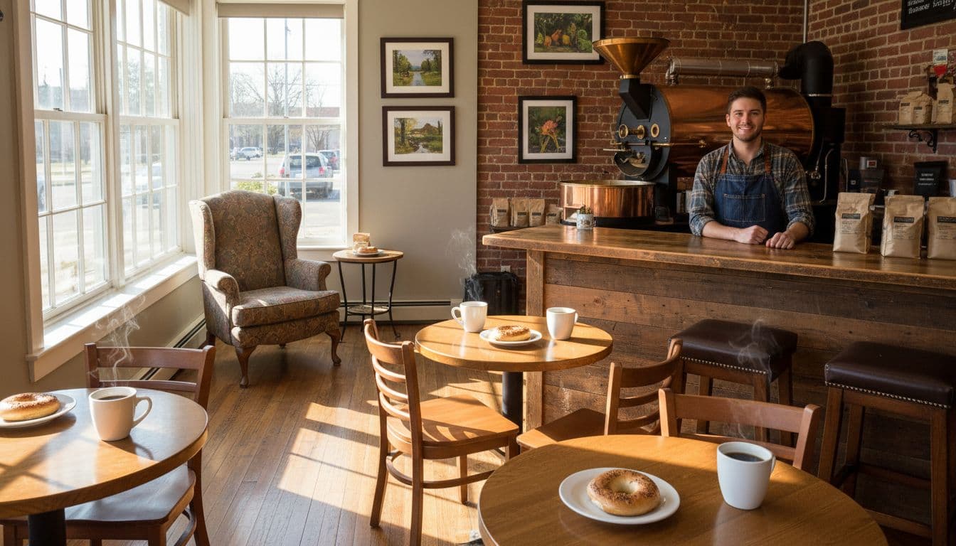 Realistic photo of cozy small-town coffee shop interior like Holy Grounds in Elmira NY, with wooden tables holding steaming coffee cups and bagels, friendly barista resting hands on wooden counter near visible coffee roaster, warm morning light through large windows, relaxed armchairs and stools, no other people.