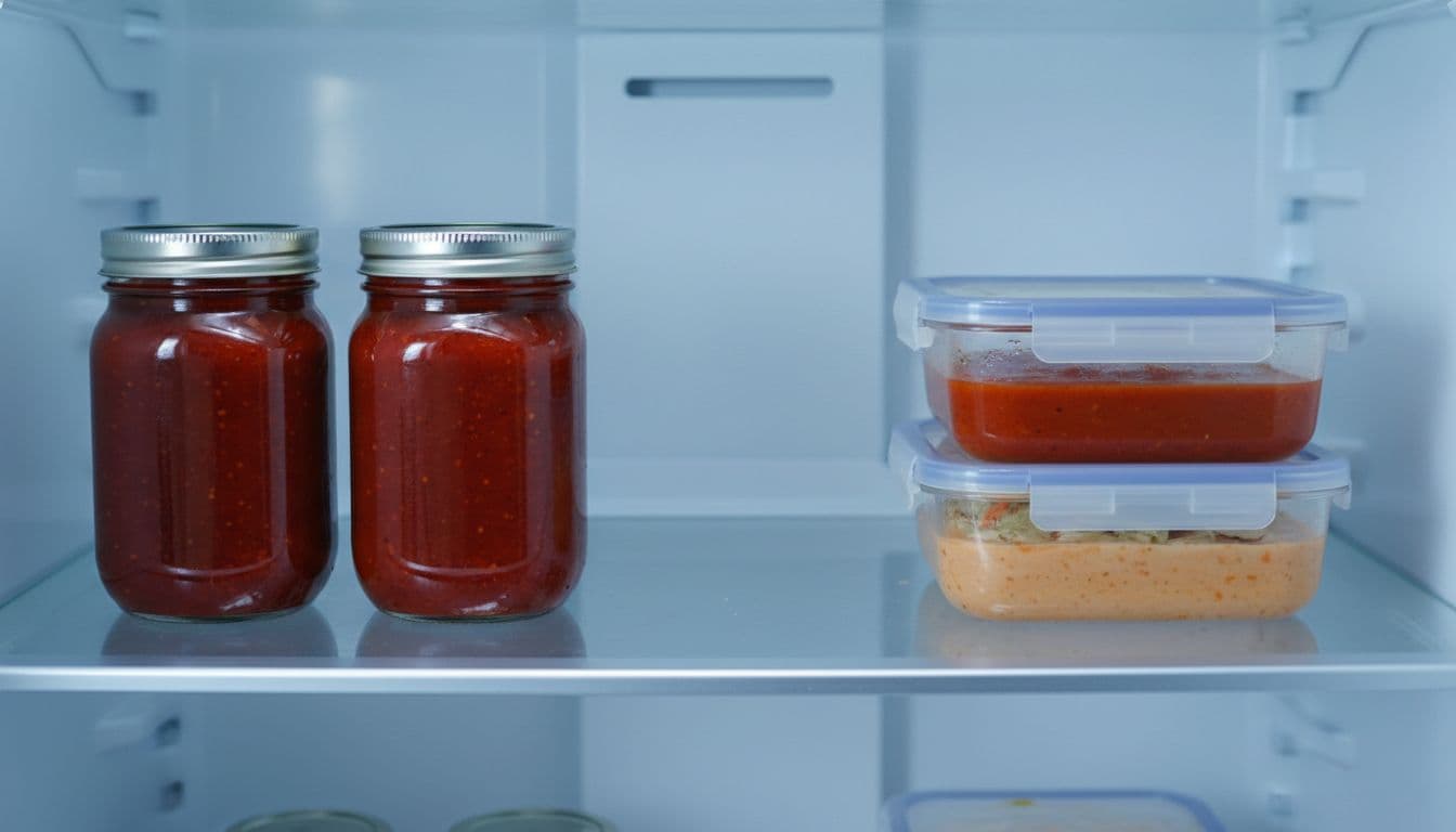 Clear glass jars filled with thick red homemade barbecue sauce stored on a clean refrigerator shelf next to airtight plastic containers, organized home fridge interior under cool blue lighting, top view.