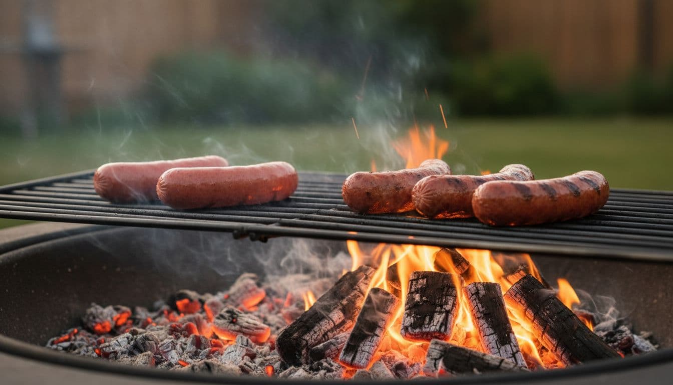 Several beef hot dogs on a metal grill grate over a two-zone fire pit embers, cooler zone on left with gentle heating, hotter piled coals on right showing light browning and sizzle on hot dog skins, juice beads forming.
