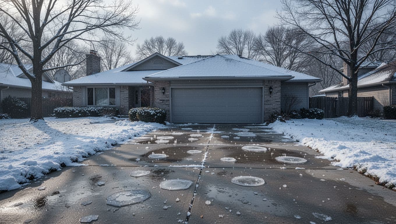 Landscape of a typical US suburban driveway in winter, covered with ice patches and light snow leading to a closed garage door, with a snow-dusted house and leafless trees in the background under gray sky.