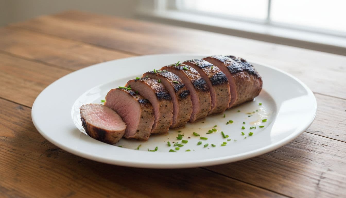 Freshly sliced grilled pork tenderloin arranged on a white ceramic plate, featuring prominent grill marks, slight blush-pink center in slices, and natural juices pooling beneath with minimal green herb garnish.