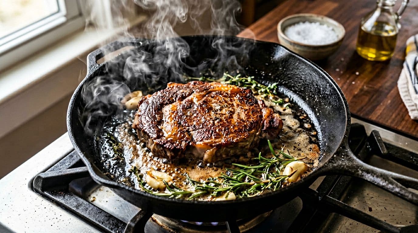 Close-up overhead view of a juicy ribeye steak searing on a hot cast iron skillet in a home kitchen, forming a golden crust with butter and herbs in the pan, steam rising, photorealistic style under natural lighting.