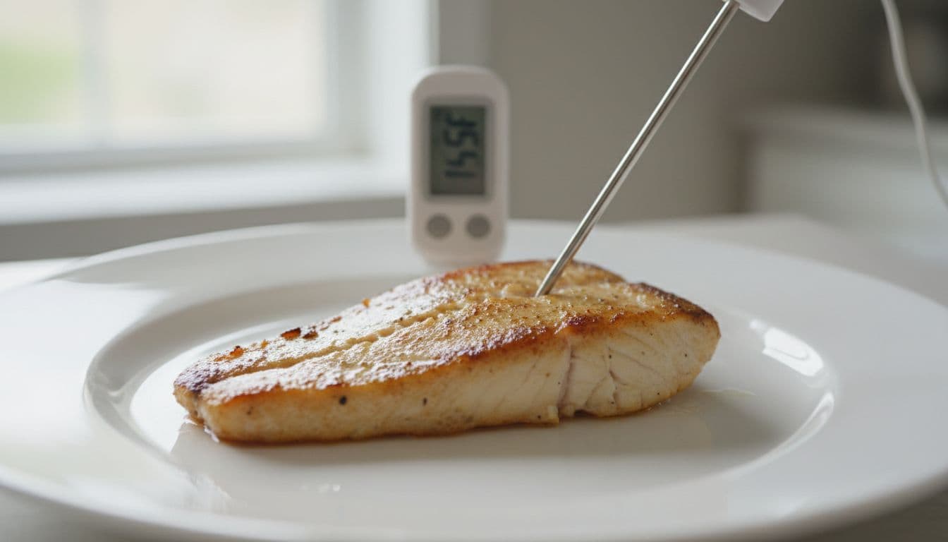 Close-up of a fresh mahi mahi fish fillet on a white plate with a digital thermometer probe inserted in the thickest part, displaying 145°F on the screen.
