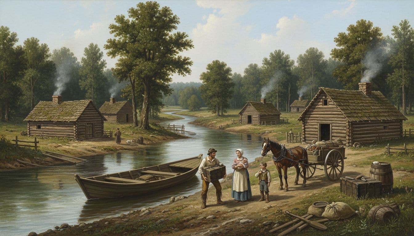 Early 19th-century pioneer settlement at river crossroads with log cabins along Newtown Creek meeting Chemung River. Settlers unload flatboat with two adults, two children, goods, horse, and wagon in clear daylight, folksy realistic style.