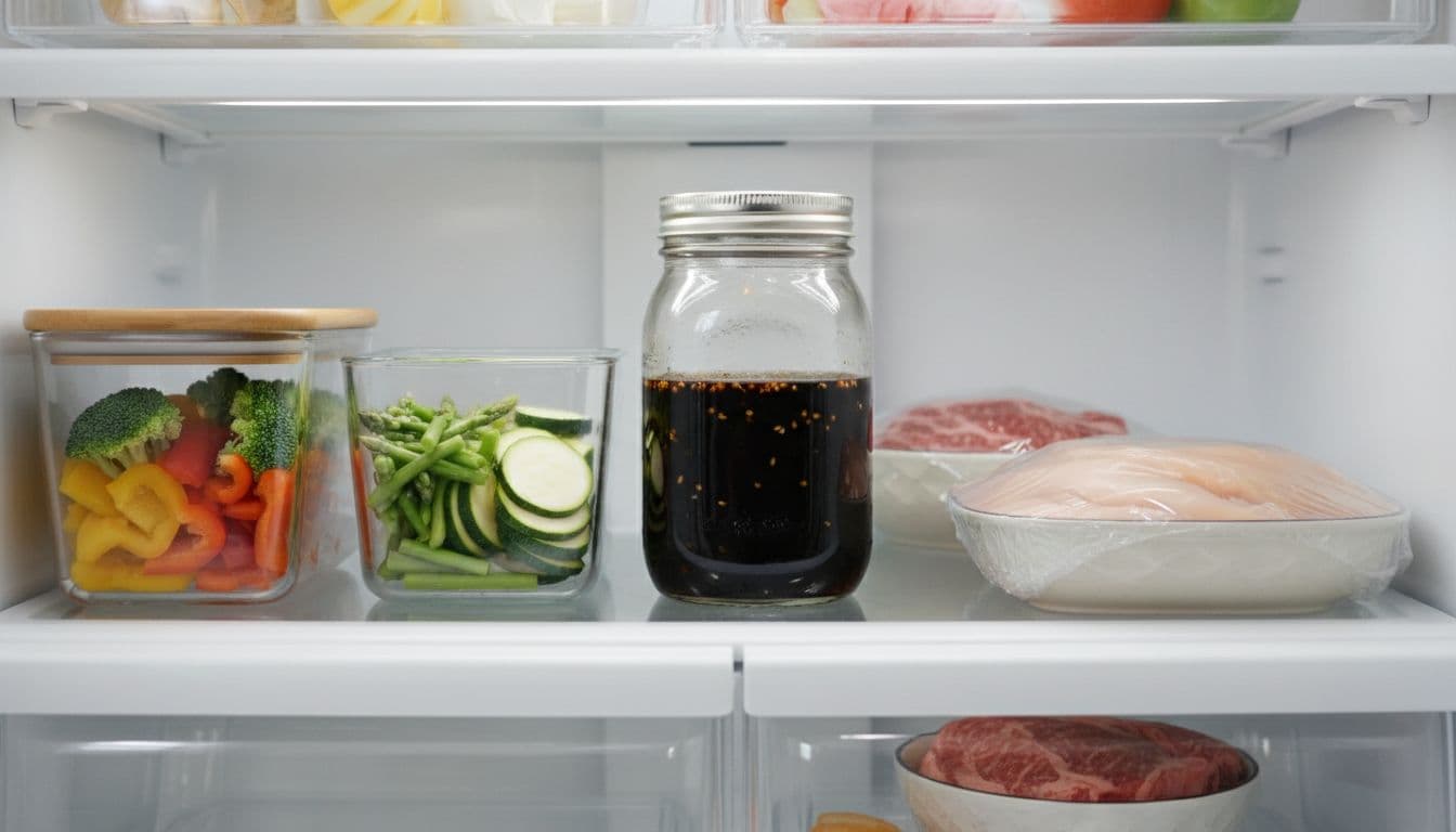 Sealed glass jar of dark teriyaki marinade on clean refrigerator shelf with fresh vegetable and raw meat containers.
