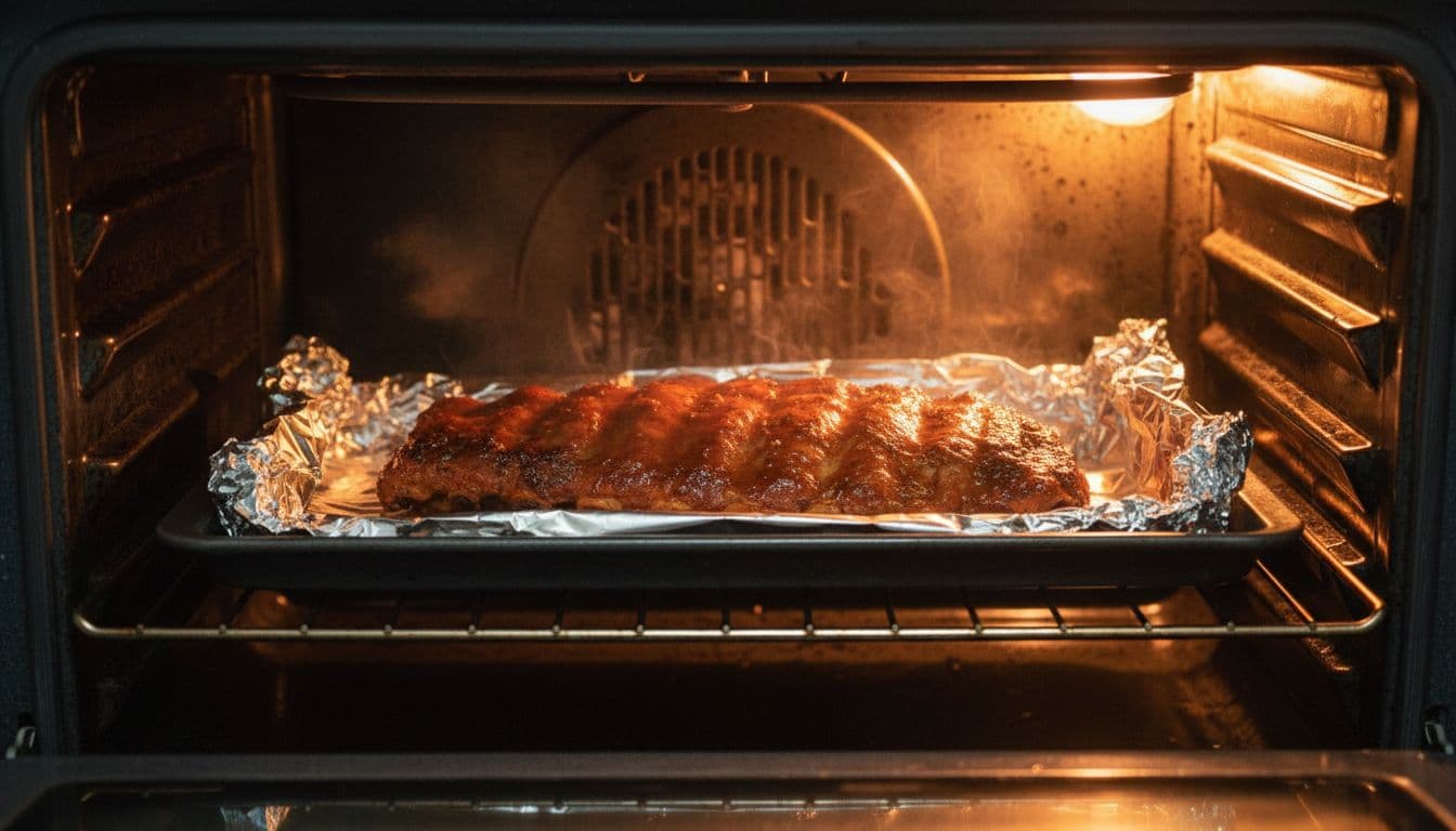 Close-up realistic photo of a sheet pan in a home oven holding loosely foil-wrapped saucy pork ribs, with light steam rising and preheated oven interior visible through the slightly open door, warm orange glow from oven light.