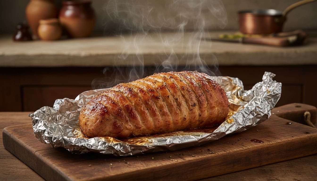 Whole oven-roasted pork tenderloin on a wooden cutting board, loosely tented with aluminum foil for resting, featuring a golden-brown crust and subtle steam rising, in photorealistic food photography style.