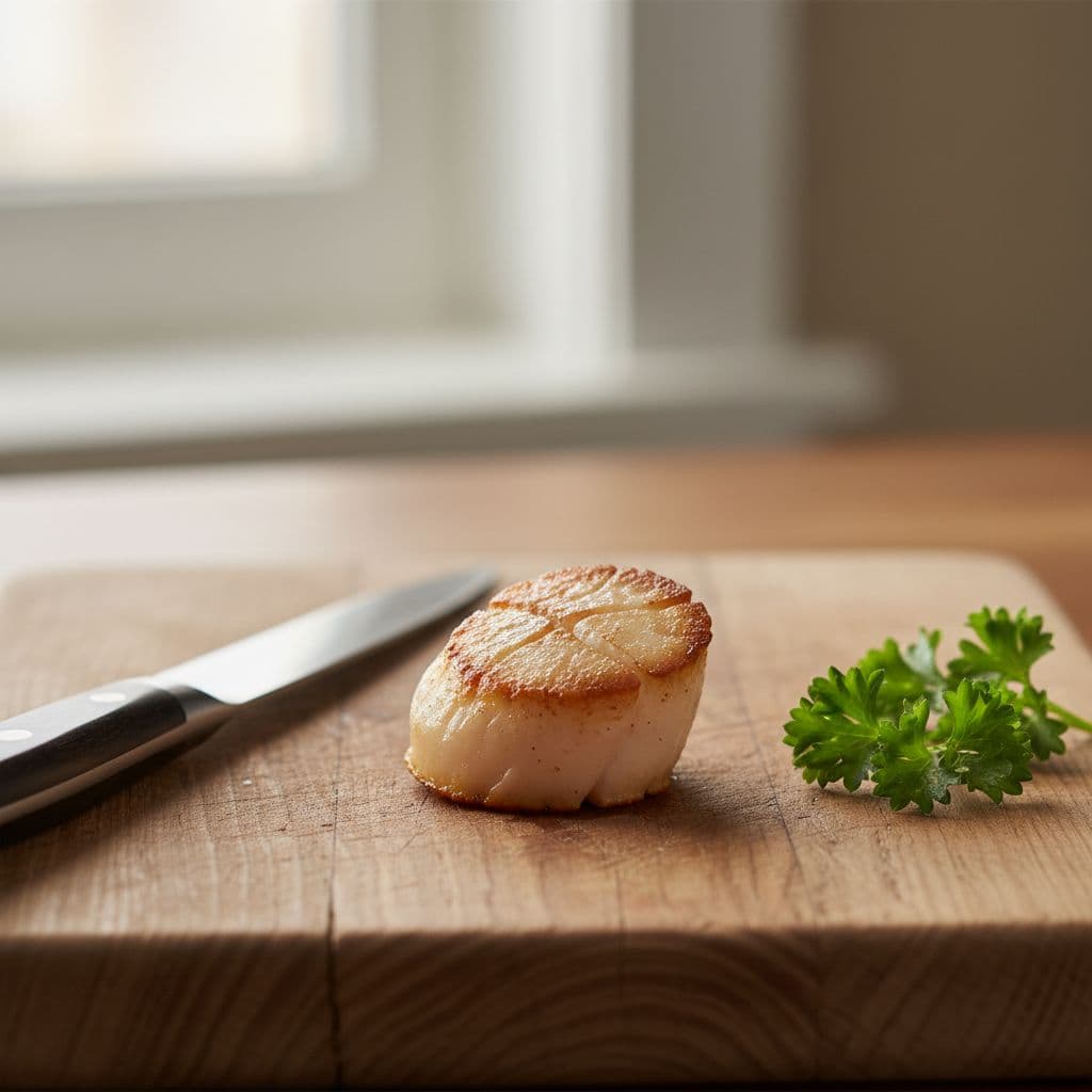 Slightly overcooked scallop with wrinkled texture on rustic wooden cutting board next to knife and parsley.