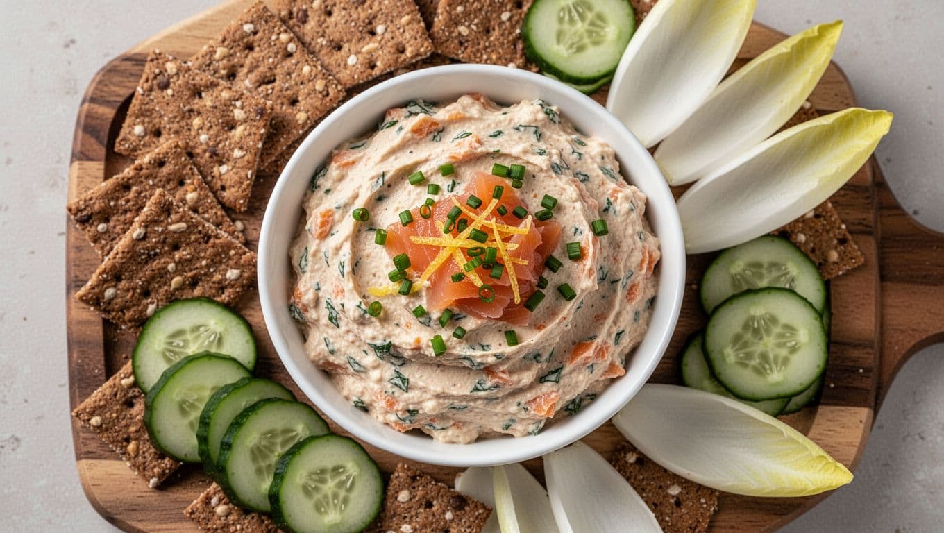 Overhead view of a white bowl filled with creamy smoked salmon dip flecked with green herbs, garnished with chopped chives and lemon zest, surrounded by rye crackers, cucumber rounds, and endive leaves on a wooden serving board under soft natural lighting.
