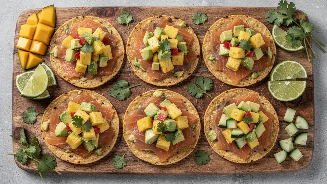 Overhead view of five crispy smoked salmon tostadas topped with vibrant pineapple avocado fruit salsa, diced mango, cucumber, lime wedges, and cilantro sprigs on a rustic wooden board.