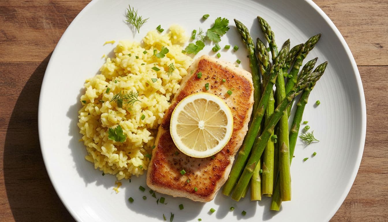 Overhead view of a white plate featuring pan-seared mahi mahi fillet topped with a lemon slice, alongside lemon rice and roasted asparagus spears with fresh herbs, on a wooden table in bright natural light.