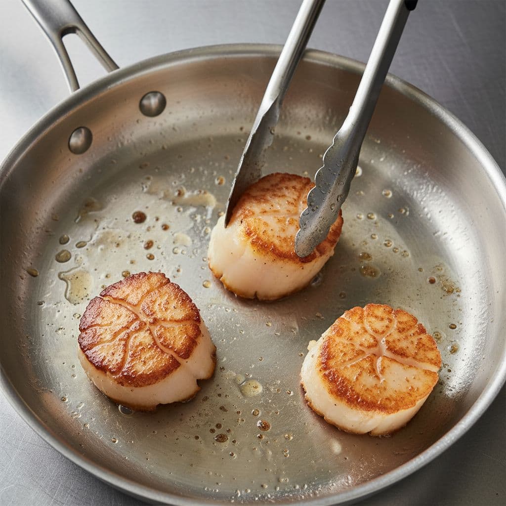 Top-down view of three sea scallops in steel pan, one flipped with tongs revealing golden seared crust versus raw translucent side.