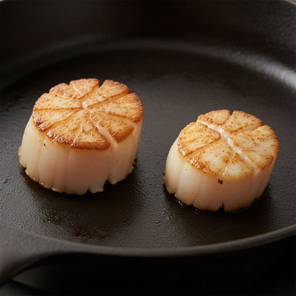 Close-up of succulent scallop with golden crust beside shrunken rubbery one in pan.