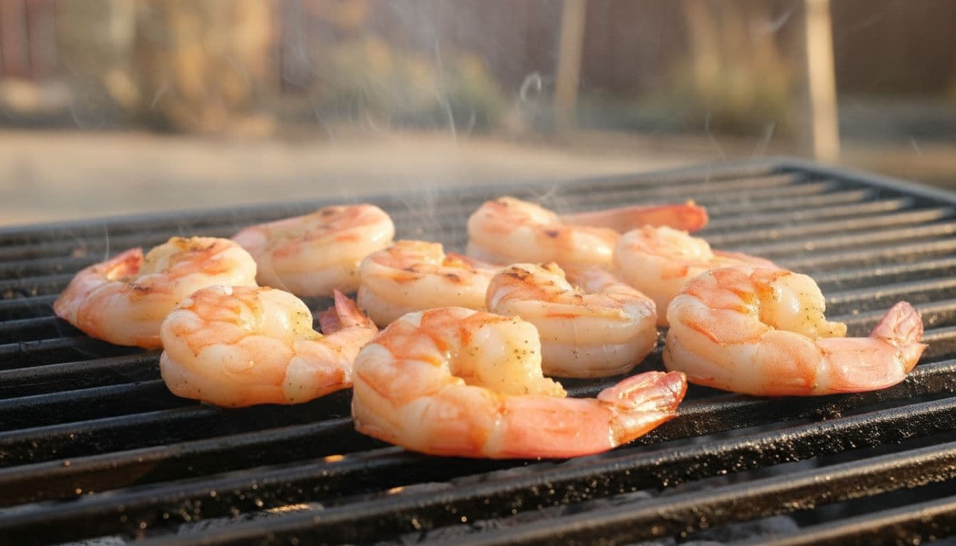 Close-up side angle of medium shrimp grilling on a hot outdoor barbecue grate, pink shells with opaque flesh curling into loose C shapes, light smoke rising under golden hour sunlight, photorealistic with high detail on grill marks and juices.