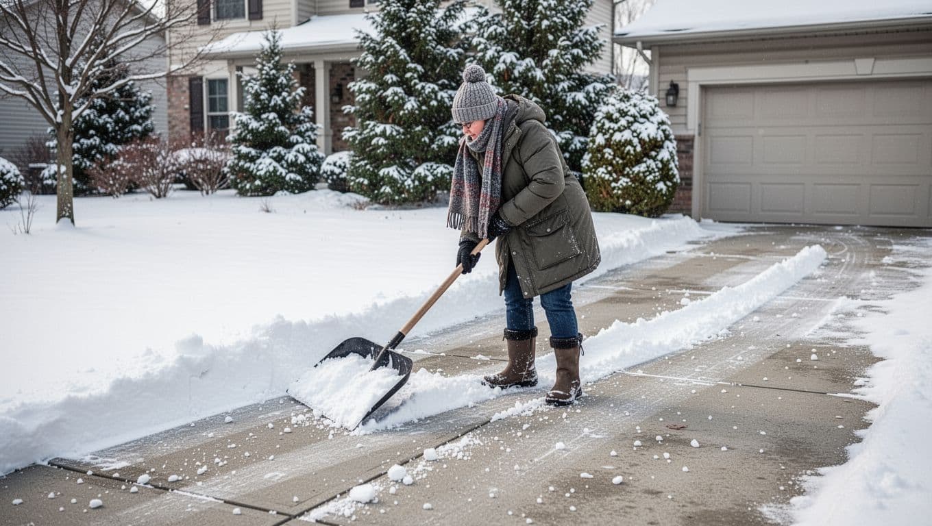 Landscape view of one adult in heavy winter coat, scarf, hat, gloves, and boots shoveling fresh snow from a concrete driveway, with back partially turned to the viewer.