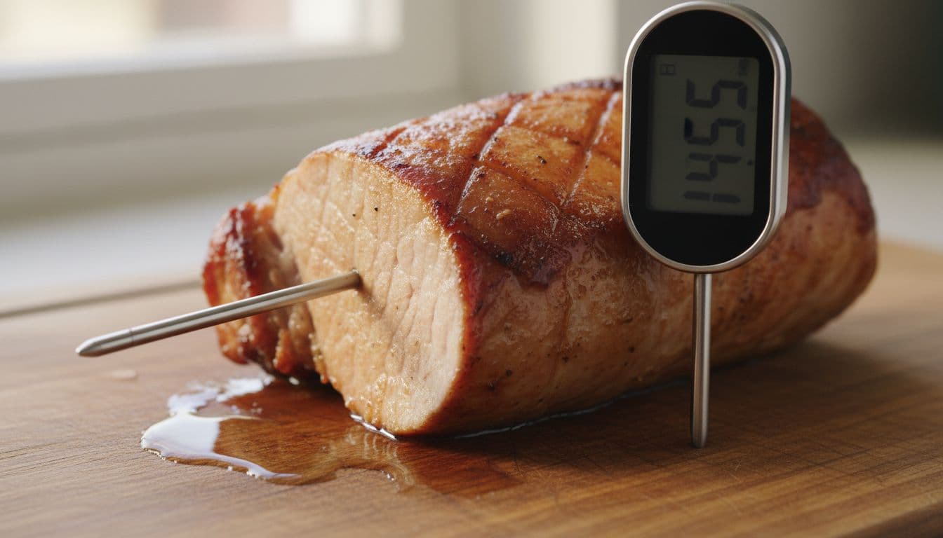 Close-up view of a meat thermometer probe inserted into the thickest part of a roasted pork tenderloin on a wooden cutting board, with clear juices pooling around it under soft natural kitchen lighting.