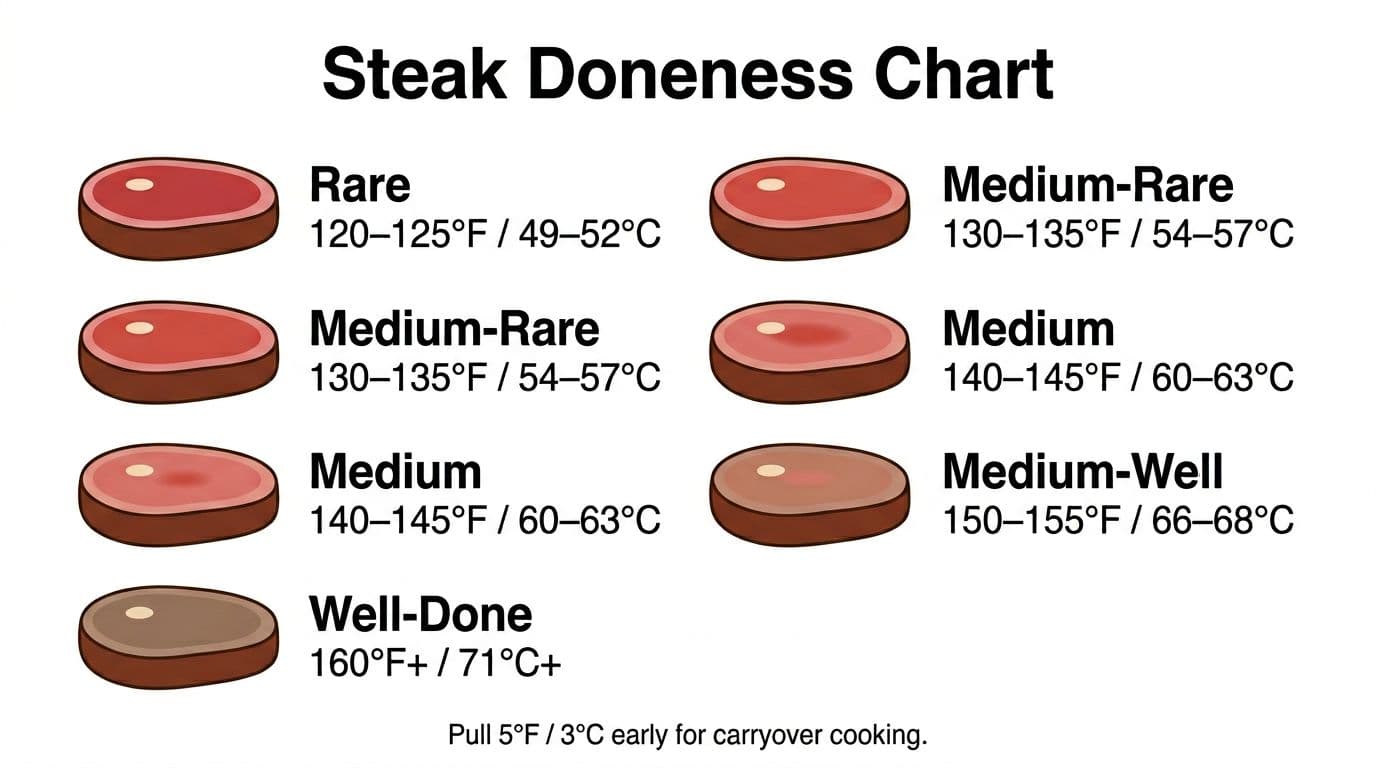 Clean, printable infographic showing steak cross-sections for Rare, Medium-Rare, Medium, Medium-Well, and Well-Done levels with internal temperatures in °F and °C, plus a carryover cooking note.