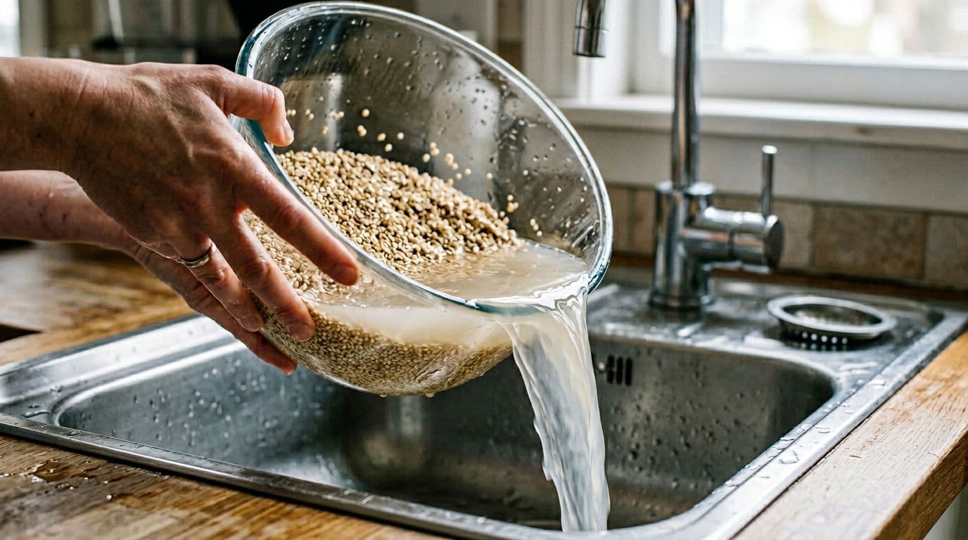 A large glass bowl filled with uncooked quinoa grains under water is tilted on a kitchen counter as a hand gently holds back the grains to pour off cloudy rinse water into a nearby sink, captured in photorealistic style with natural indoor lighting and focus on the pouring action.