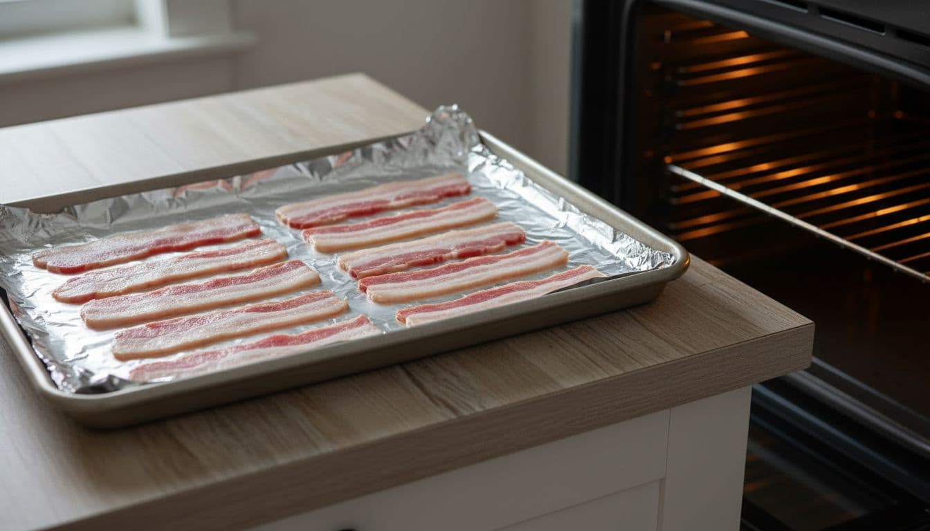 Rimmed half sheet baking pan lined with crumpled aluminum foil, raw regular-cut bacon strips arranged flat in a single layer, on wooden kitchen counter beside preheated oven door ajar, natural morning light, realistic food photography.