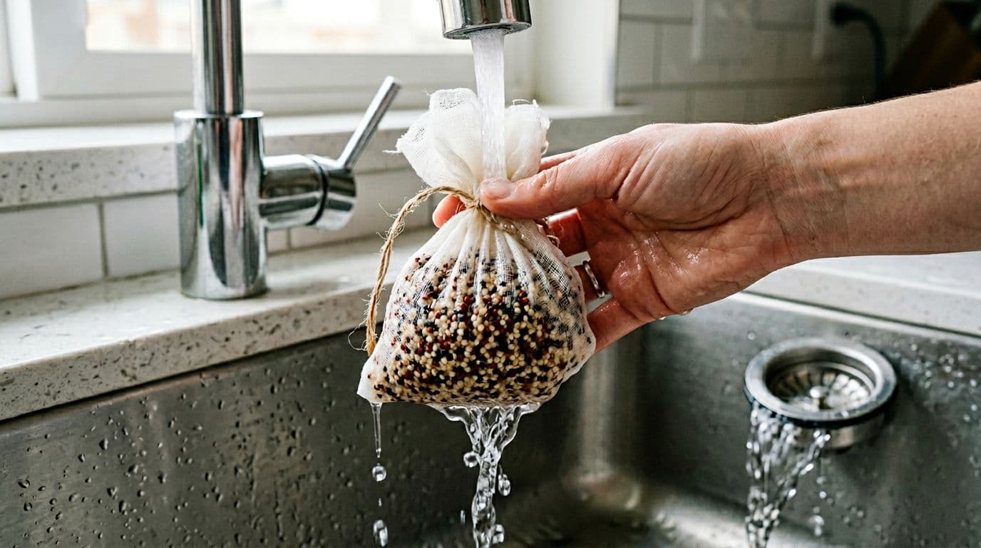 Uncooked mixed color quinoa grains in a white cheesecloth pouch gathered at the top, held under cold running faucet water in a kitchen sink, with water squeezing through the cloth and draining clear, close-up photorealistic view.