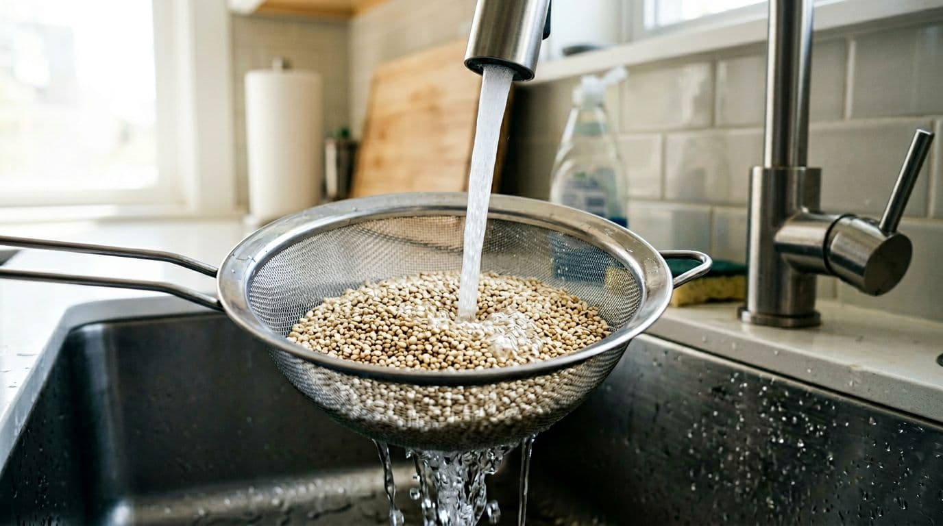 Uncooked white quinoa grains piled in a fine-mesh stainless steel strainer under a stream of cold running water from a kitchen faucet, with clear water draining through the mesh into the sink. Close-up side view in a bright kitchen with natural daylight, photorealistic style.