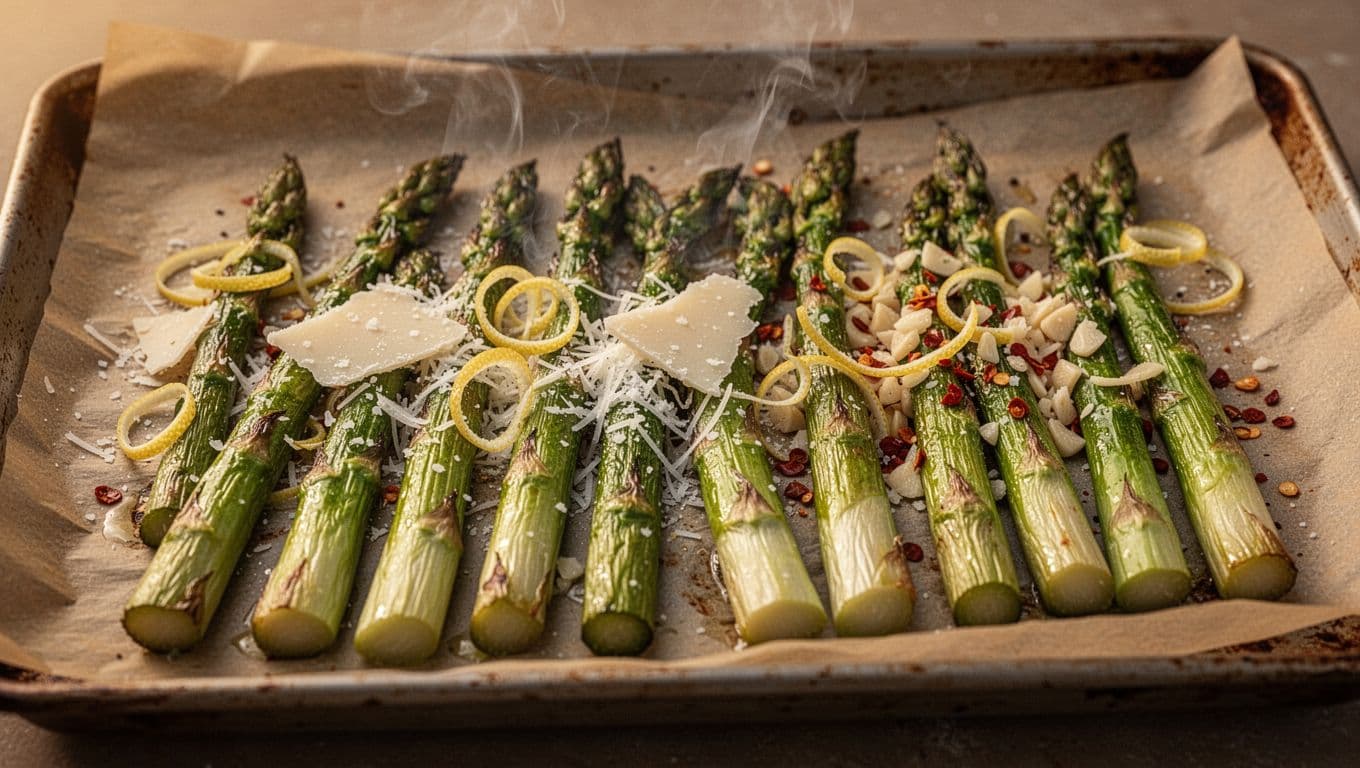 Close-up landscape of roasted asparagus spears on a baking sheet fresh from the oven, topped with grated Parmesan, minced garlic, chili flakes, and lemon zest curls. Vibrant green spears with lightly browned tips and subtle smoke wisps on textured parchment.