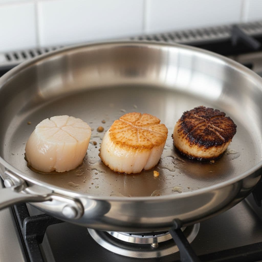 High-angle close-up of three scallops in stainless steel pan: raw translucent, golden seared, shrunken overcooked.