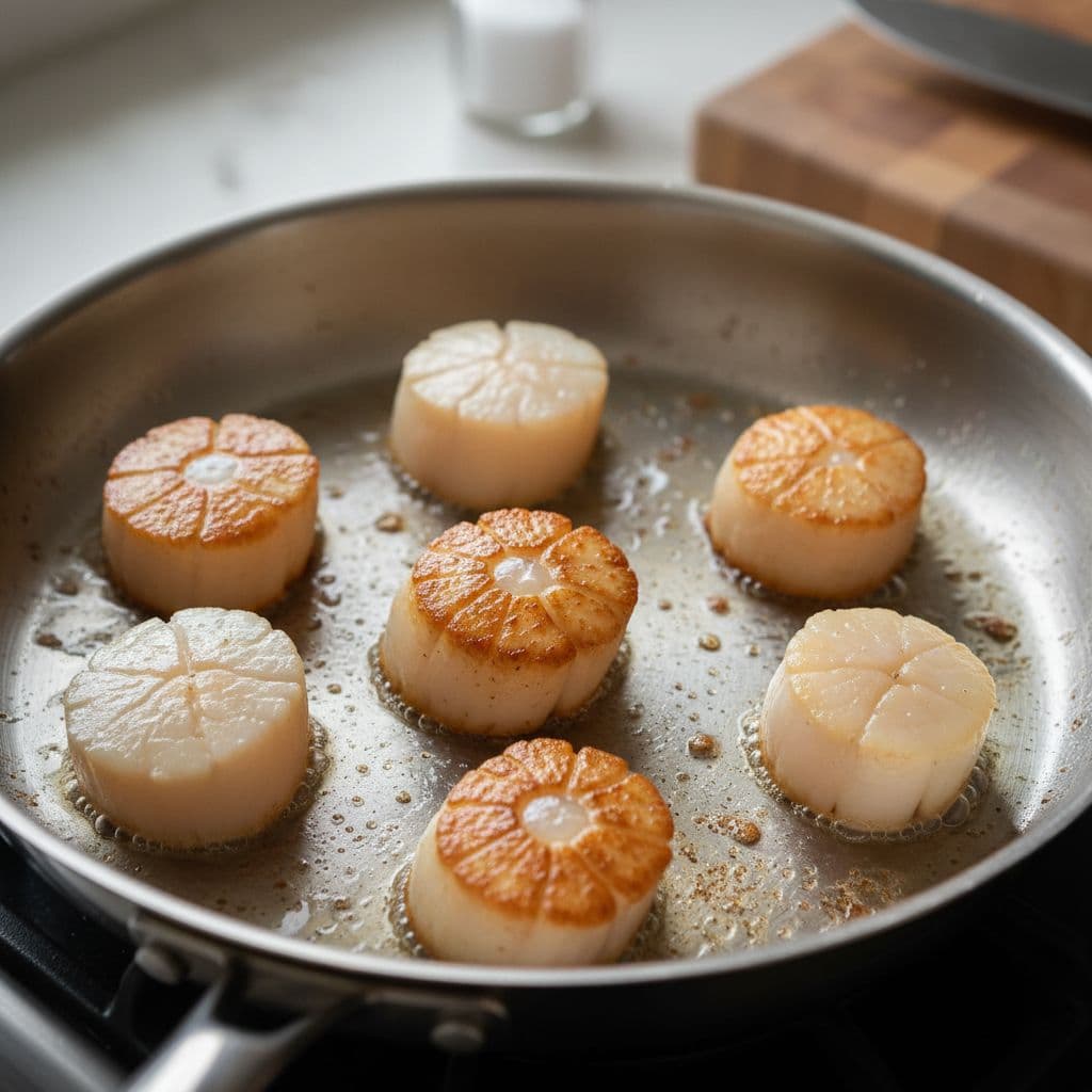 Close-up of scallops searing in stainless pan, with golden-brown crusts and translucent-to-opaque centers.