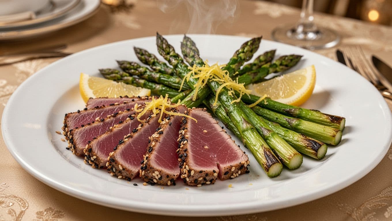 Thinly sliced seared ahi tuna steak fanned out on a white plate next to roasted asparagus spears topped with lemon zest, featuring pink rare center, crispy sesame edges, and appetizing steam.