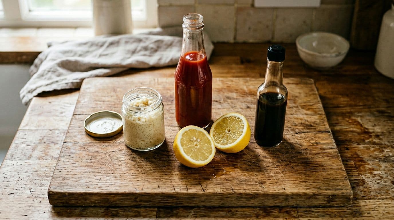 Fresh ingredients for shrimp cocktail sauce neatly arranged on a wooden board, including an open jar of prepared horseradish, ketchup bottle, halved lemon, and small Worcestershire bottle. Top-down view in a cozy kitchen with soft natural light, photorealistic style.