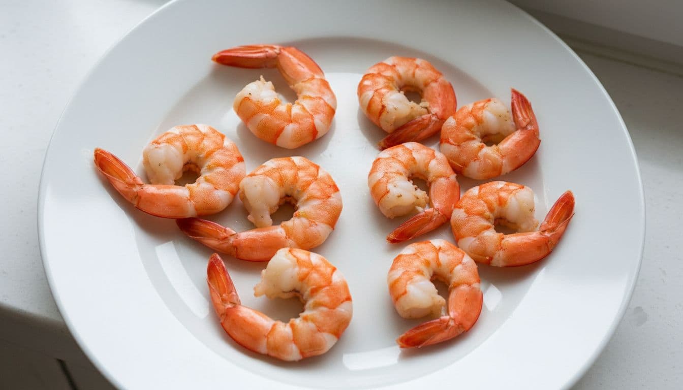 Top-down close-up of freshly cooked shrimp on a white ceramic plate in a bright kitchen, contrasting loose C-shaped curls of perfectly done shrimp with tight O-shaped curls of overcooked ones, photorealistic with high texture detail.