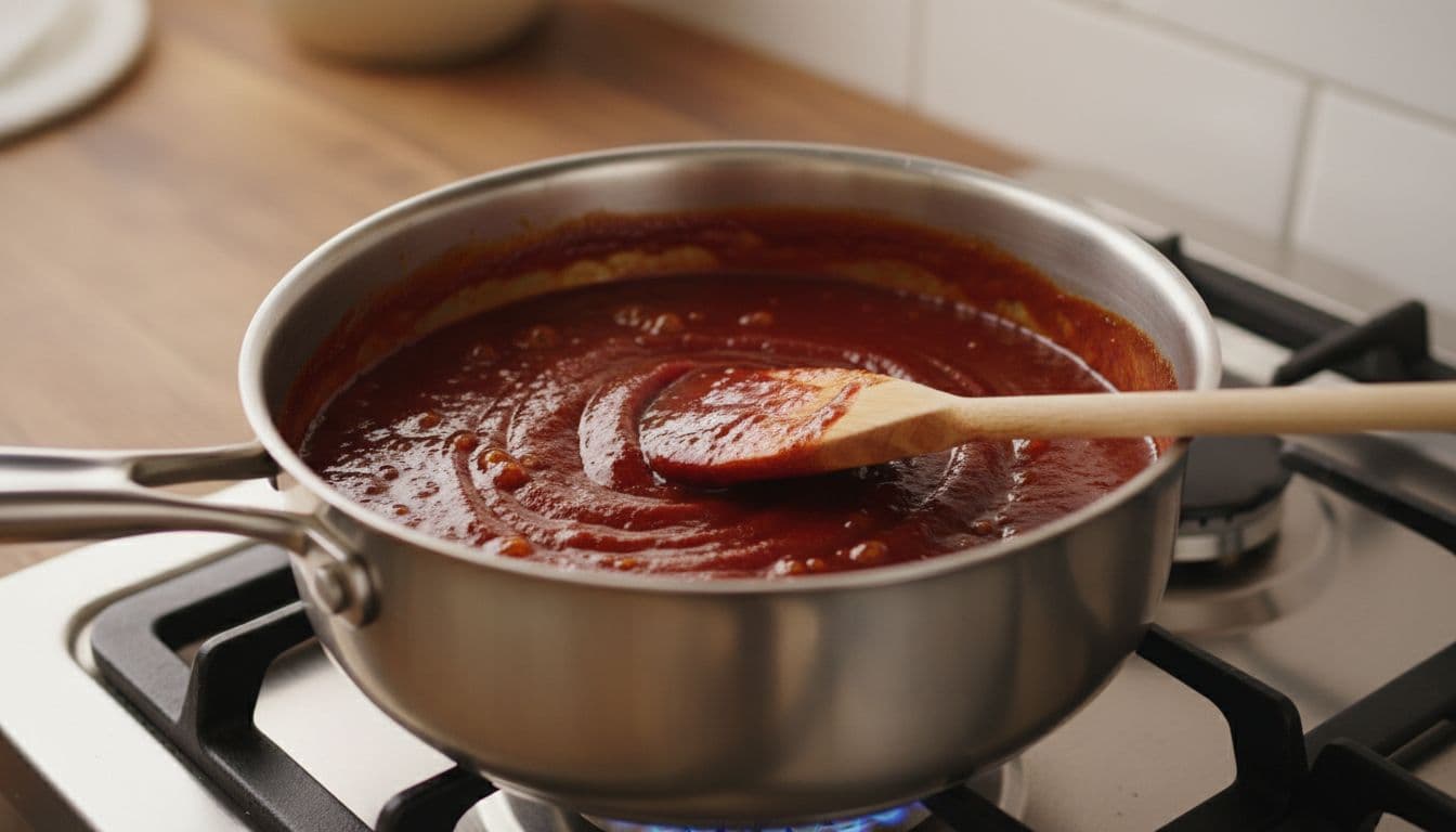 Close-up of a stainless steel saucepan on a stovetop filled with thick red homemade barbecue rib sauce gently simmering with bubbles, wooden spoon midway through stirring, in a home kitchen with warm natural lighting.