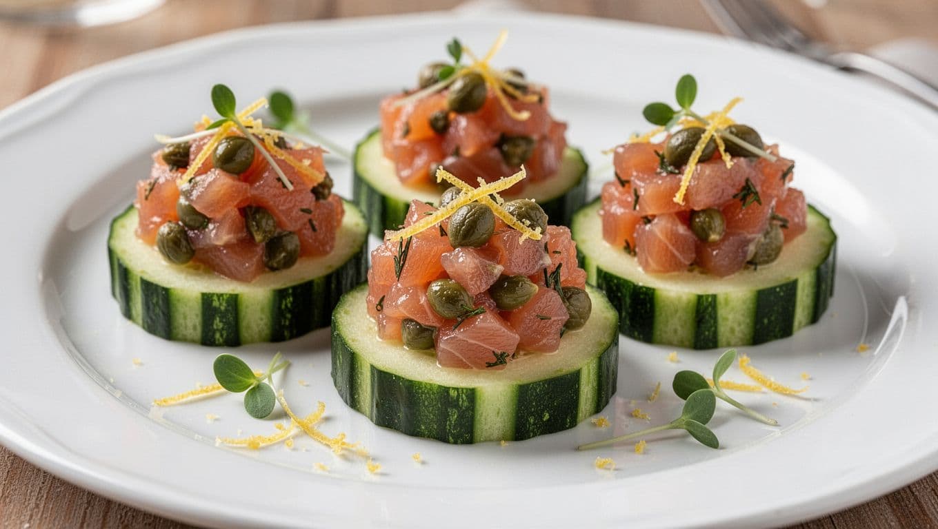 Close-up of small mounds of finely diced smoked salmon tartare mixed with capers and herbs on three thick cucumber slices on a white plate, garnished with lemon zest and microgreens.