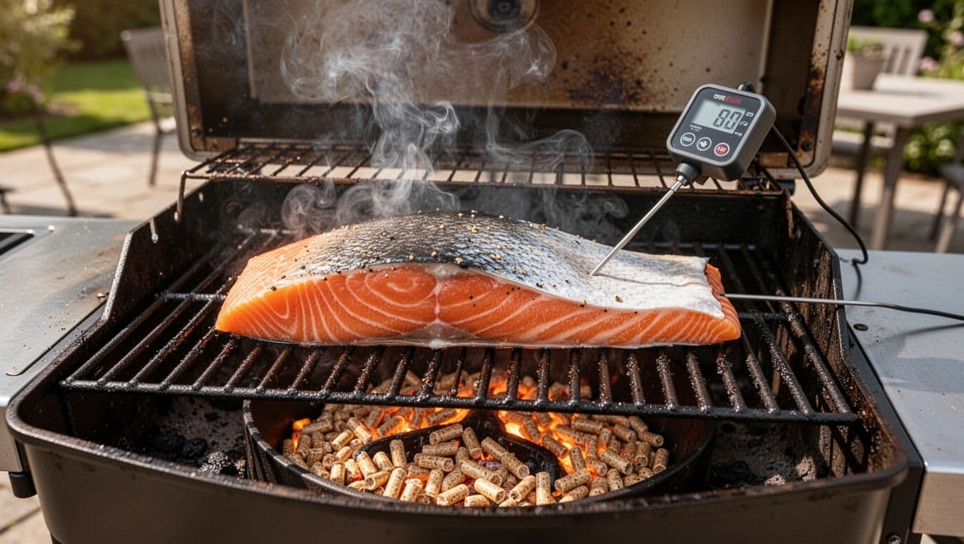Skin-on salmon fillet smoking skin-side down on a pellet grill grate with light smoke wisps rising and glowing wood pellets in the firepot below, digital thermometer probe inserted in the thickest part, outdoor patio setting under midday sun, realistic high-detail barbecue photography.