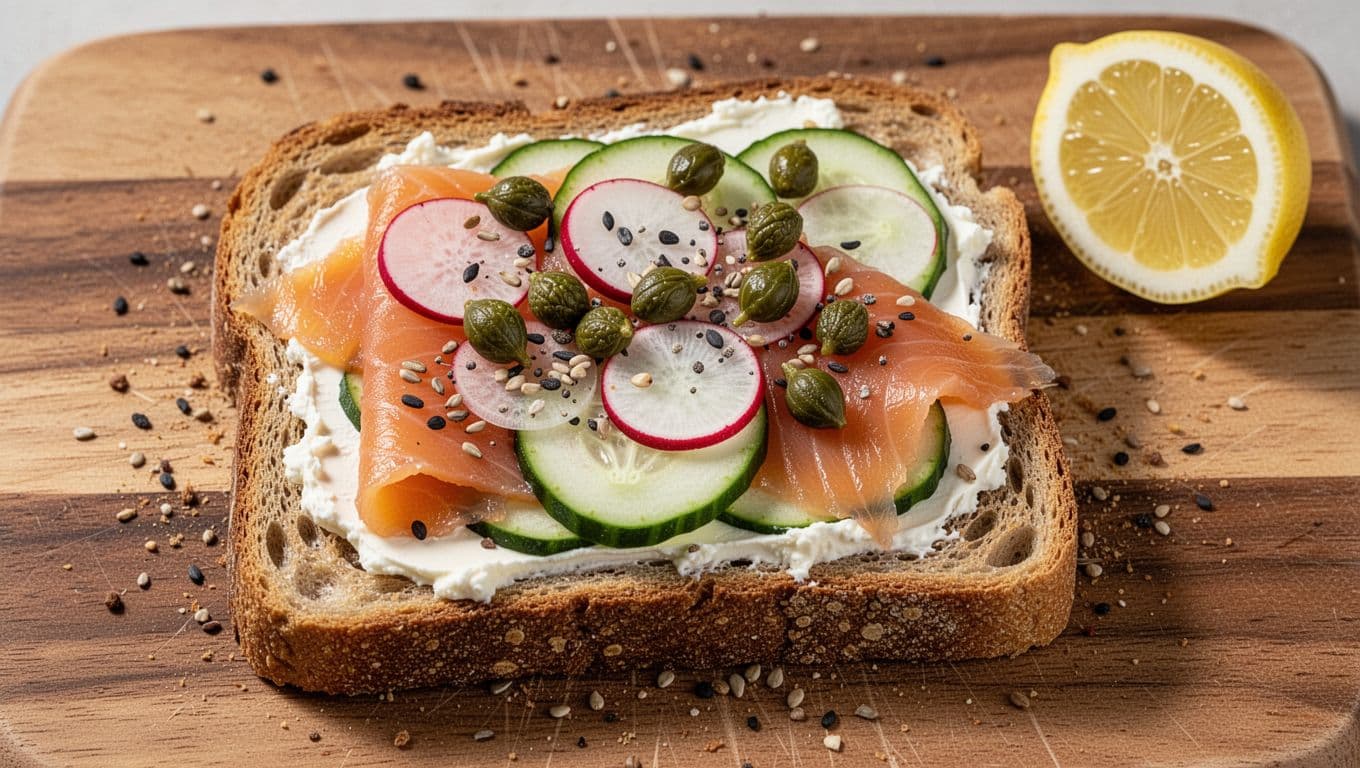 Thick sourdough toast topped with cream cheese spread, folded smoked salmon slices, sliced radish, cucumber, fried capers, everything seasoning, and a lemon wedge nearby, captured in overhead view on a wooden board.