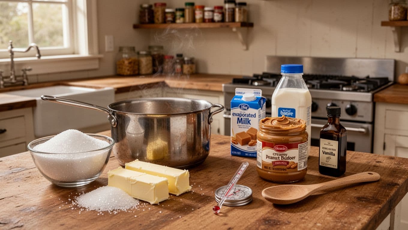 Realistic photograph of a wooden kitchen counter prepared for making stovetop peanut butter fudge, with a heavy saucepan, measured sugar, butter, evaporated milk, open peanut butter jar, vanilla extract, wooden spoon, and candy thermometer. Cozy background with gas stove and spice shelves under warm natural light.