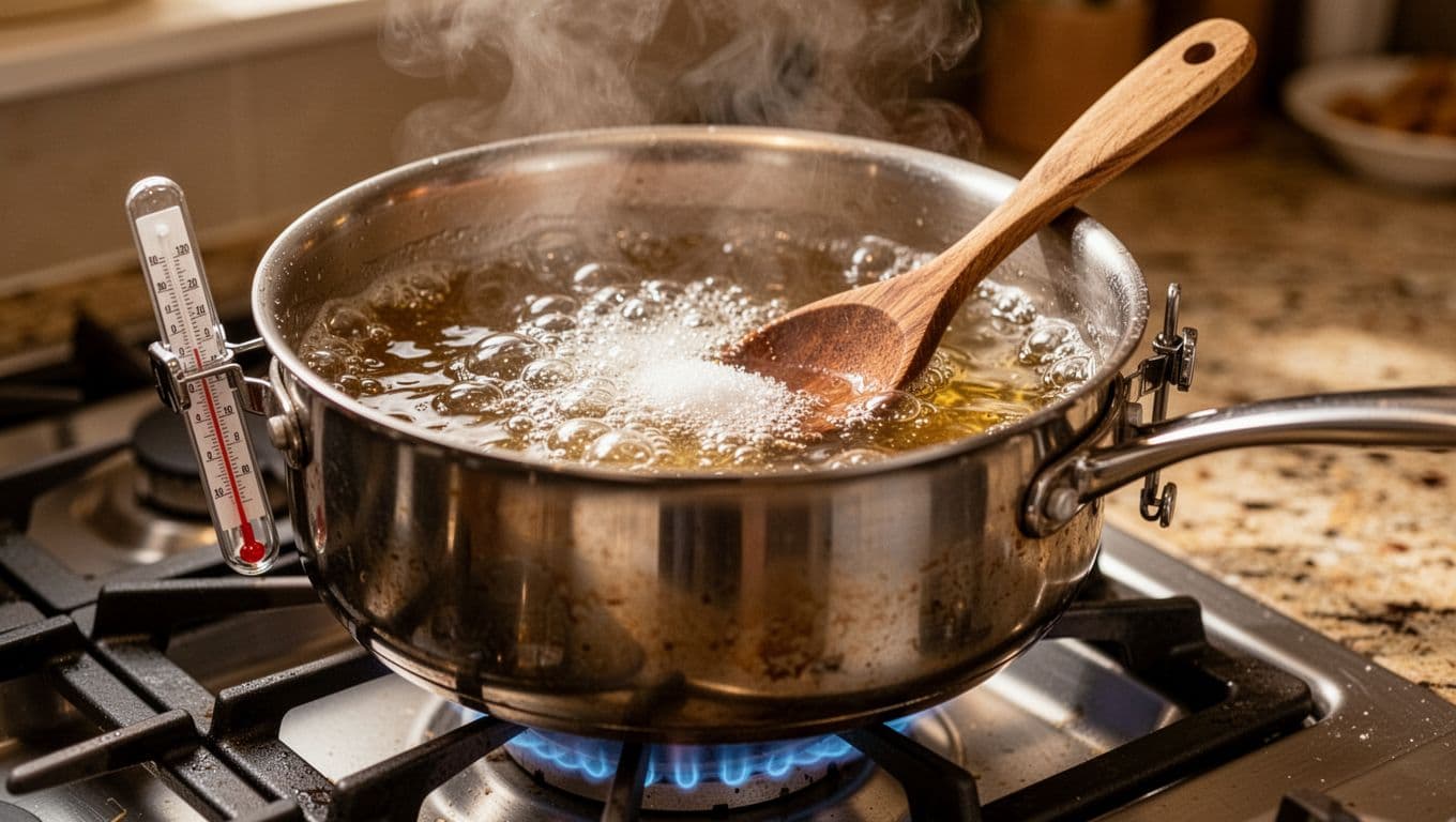 Realistic close-up of sugar syrup gently boiling in a heavy-bottomed saucepan on a gas stove during peanut butter fudge preparation, with bubbles at soft-ball stage, light steam, wooden spoon, and candy thermometer.