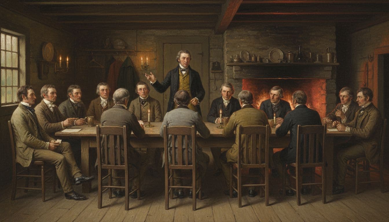 Early 19th century interior of Teal's Tavern in rural Newtown, NY, during the town meeting deciding the name change to Elmira. Group of 11 men seated around a long wooden table with one man standing at the head gesturing while speaking, lit by flickering candlelight and fireplace glow.
