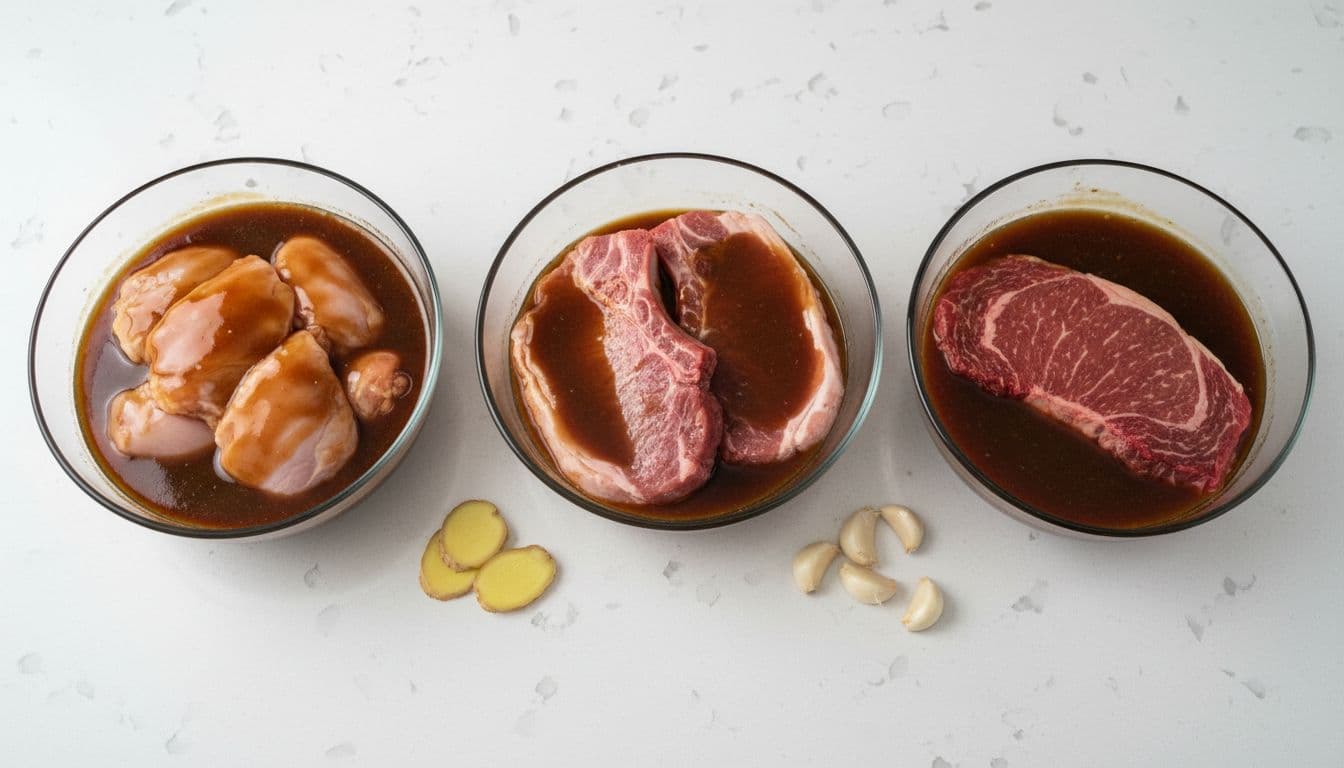 Glass bowls on counter hold chicken thighs, pork chops, and steak in teriyaki marinade with ginger and garlic nearby.